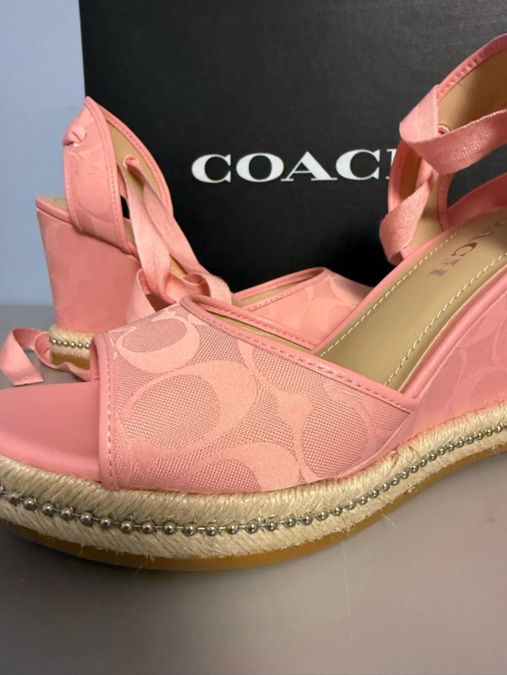 NEW Coach Pink Signature Espadrille Wedge Sandals with Ankle Wraps 6.5 - Picture 5 of 7